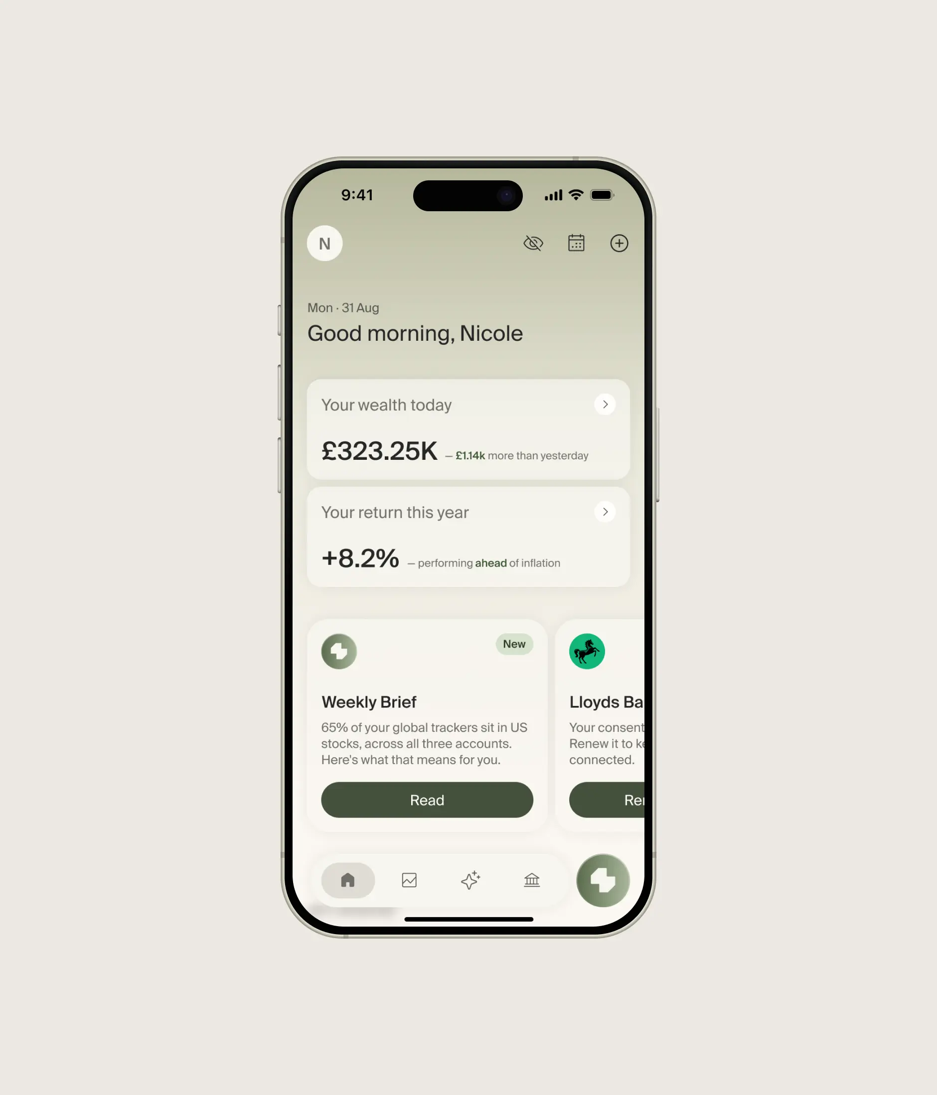 The Quartz app showing a wealth overview and personal financial insights